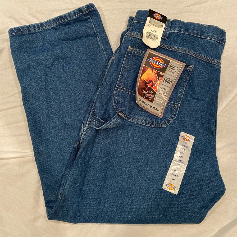 NWT Dickies Carpenter Jeans Men’s 42x30 Dark Blue Straight Leg Relaxed Fit